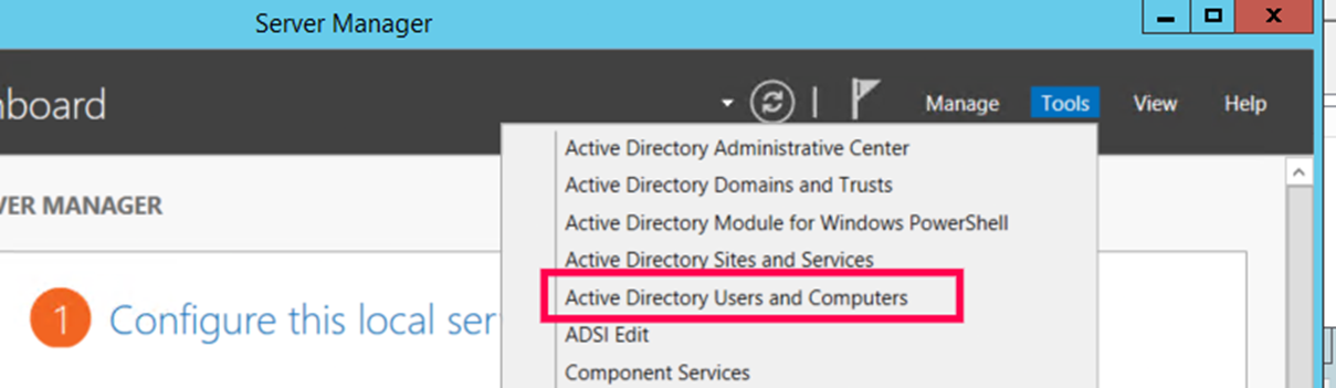 Under Administrative tools, open the active directory users and computers.